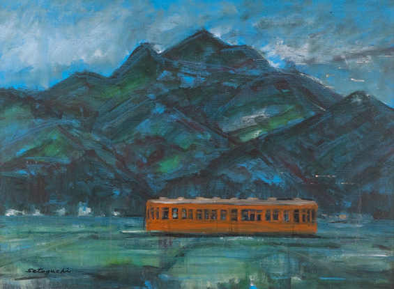 1966 南薩鉄道と金峰山 油彩P20 南薩鉄道回想画展